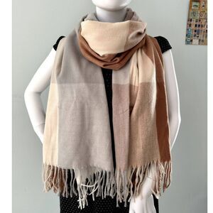 Neutral Plaid Pashmina Scarf Soft 100% Cashmere Feel Wrap Cozy Oversized Shawl